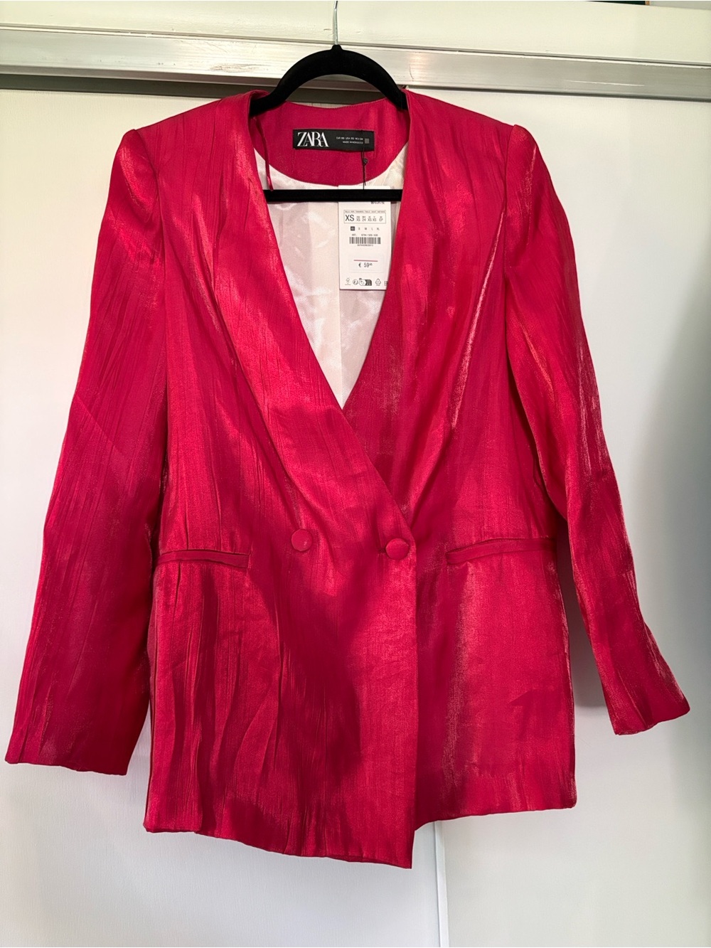 NWT Zara Women's size XS Fuchsia Lightweight Lined Shimmer Blazer Jacket